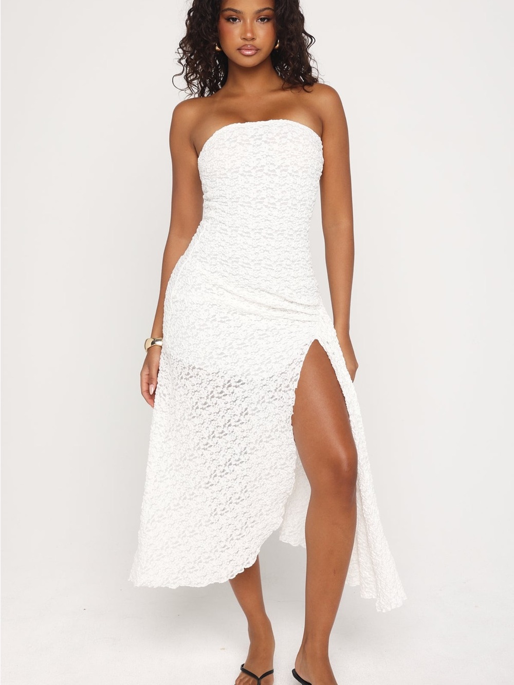 White Fox Living The Glam Life Strapless Midi Dress White S lace side slit sheer